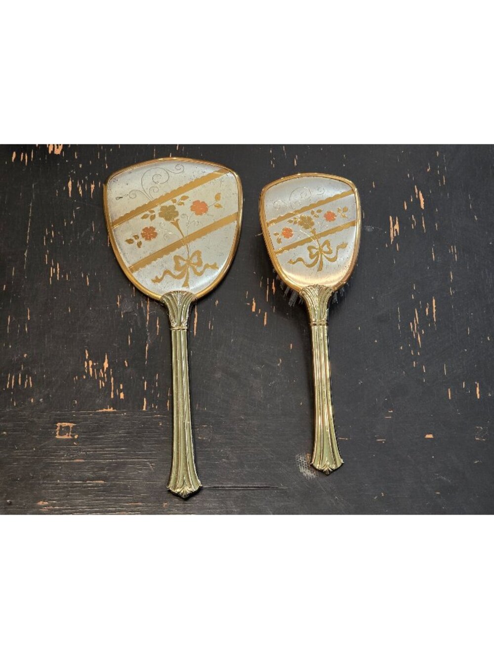 Vintage Vanity Hand Mirror Hair Brush Set Gold Silver Tone Floral Bow USA